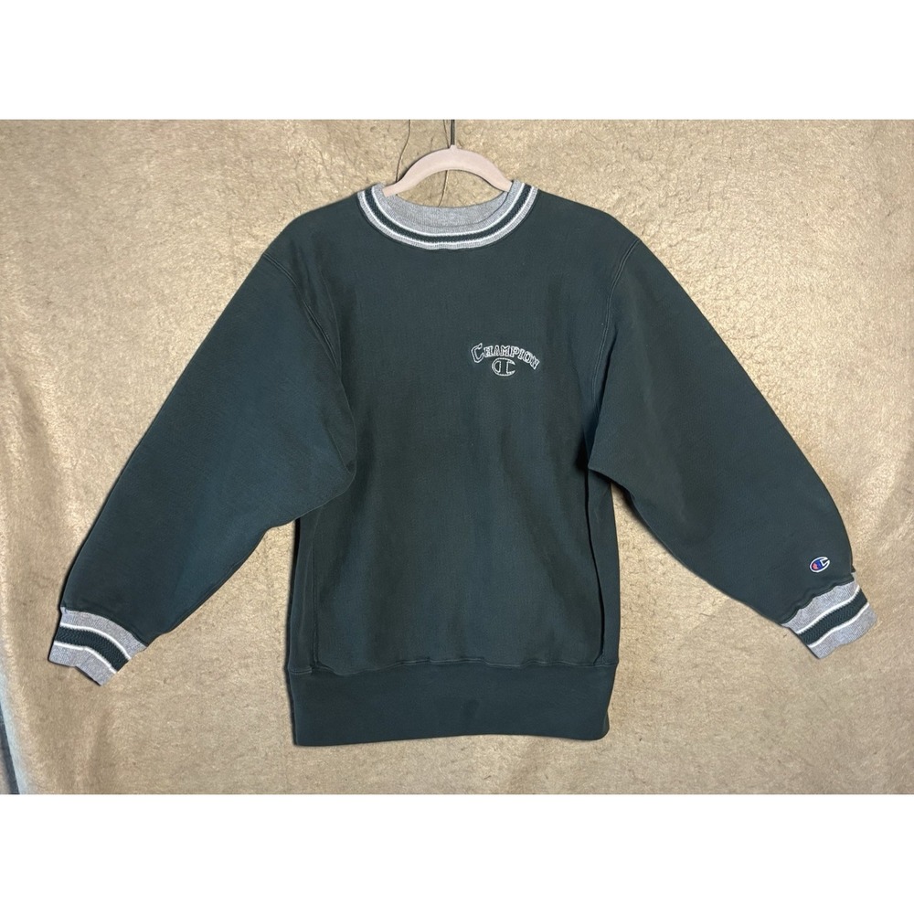 VTG Champion Reverse Weave Sweatshirt Womens Sz L Green Pullover Logo USA